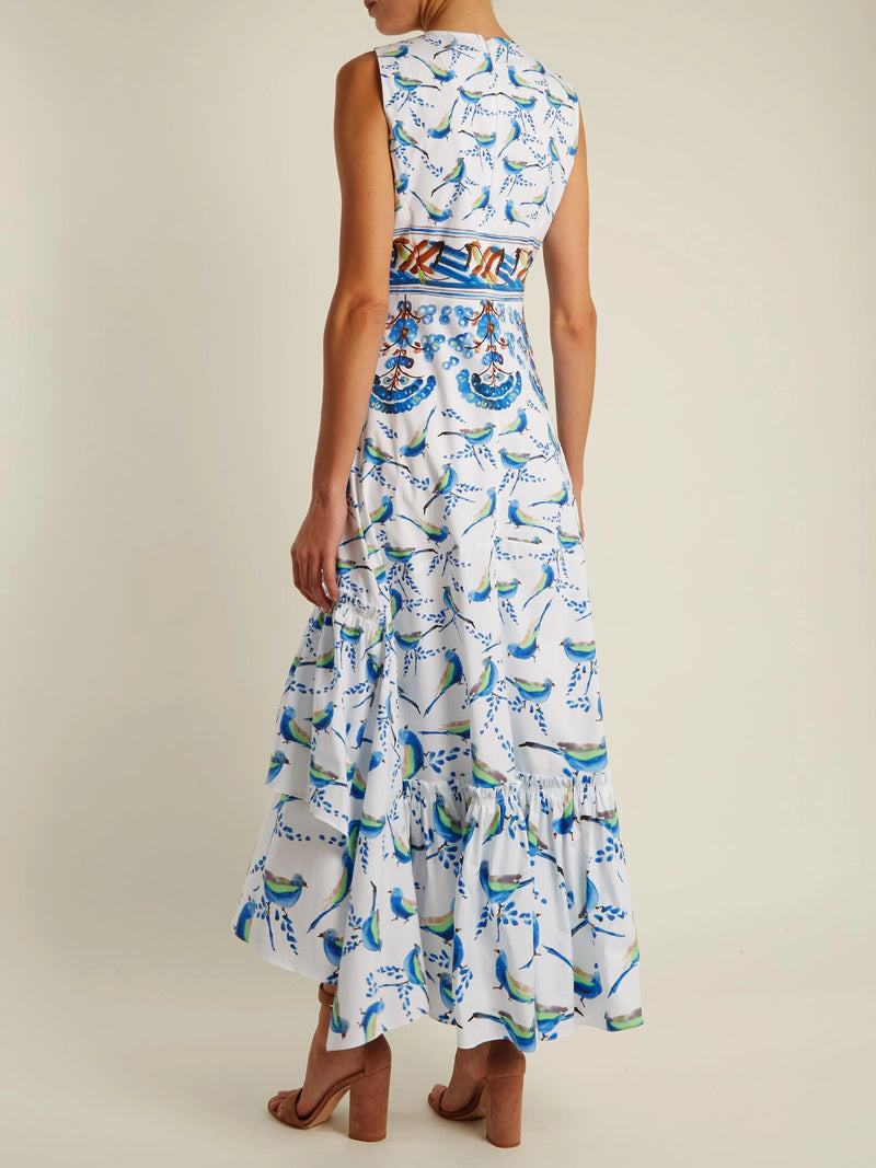 Sleeveless Bird-Print Cotton Midi Dress