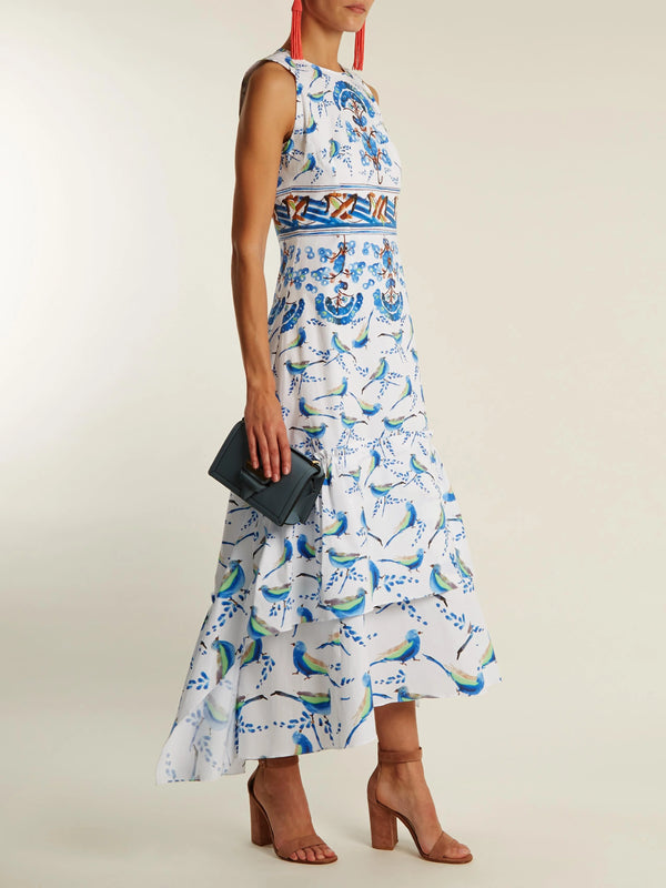 Sleeveless Bird-Print Cotton Midi Dress