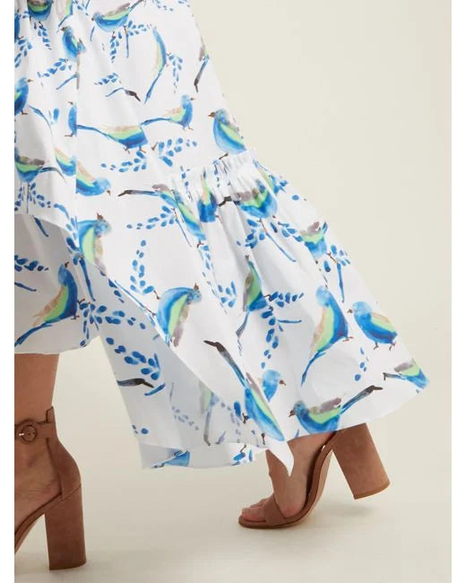 Sleeveless Bird-Print Cotton Midi Dress