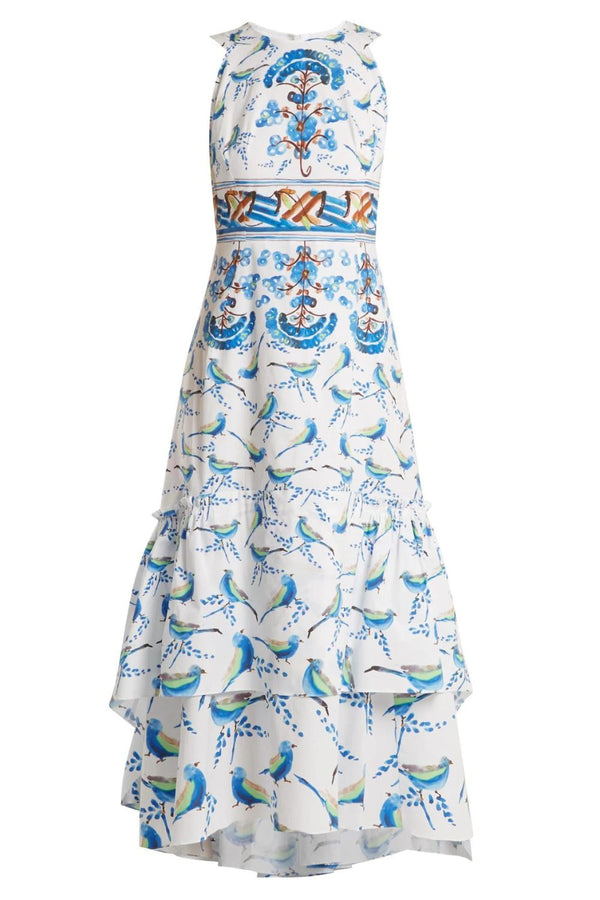 Sleeveless Bird-Print Cotton Midi Dress