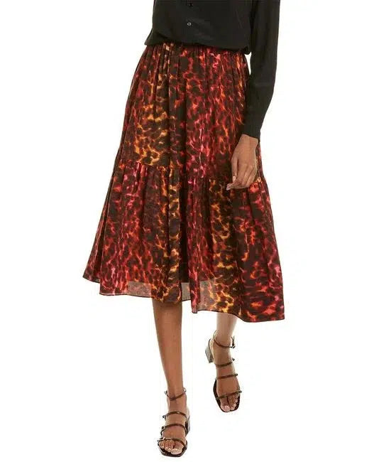 Neon Animal-print Silk Full A-line Midi Skirt In Red